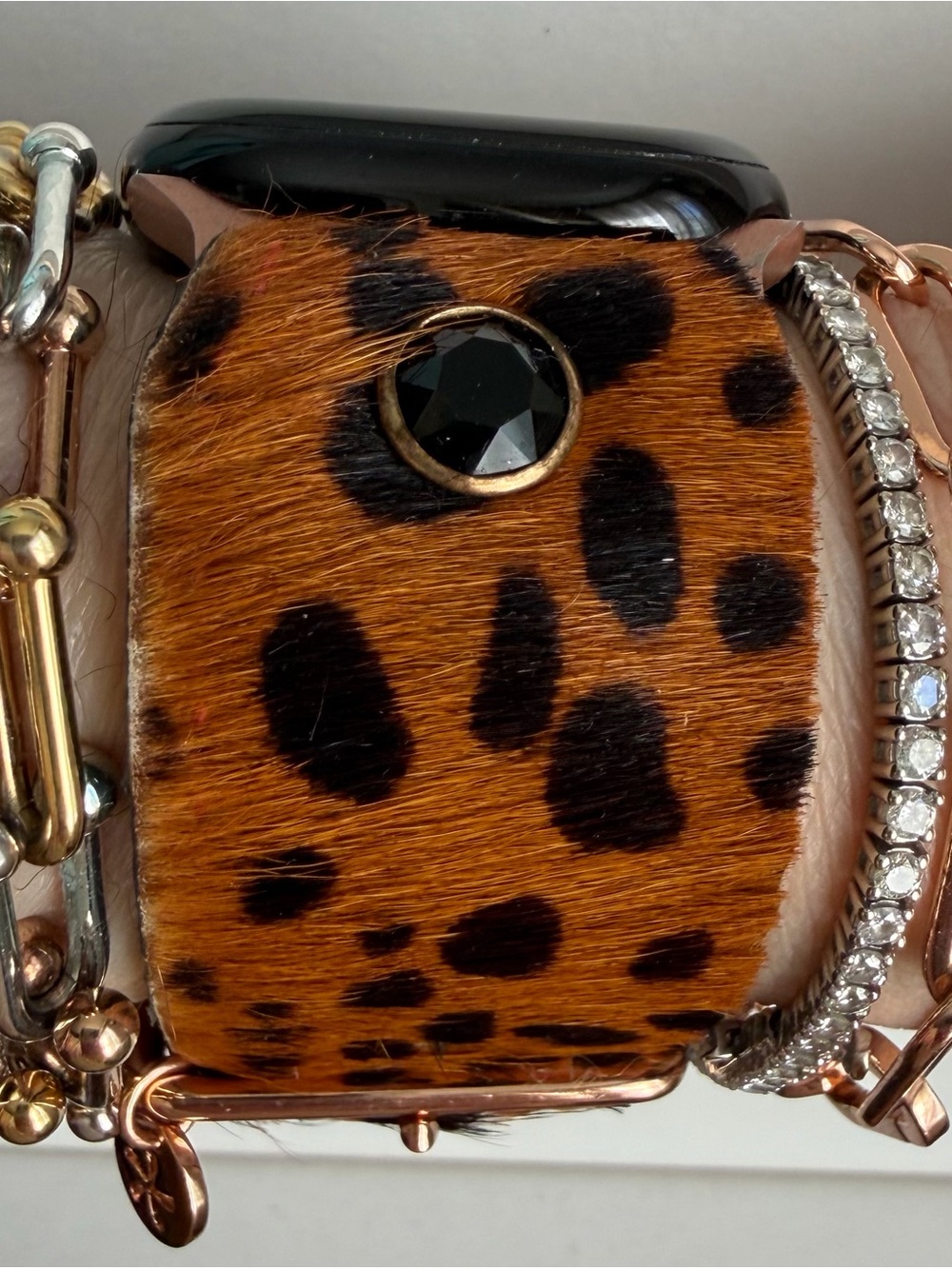 Leopard Print Faux Fur Spark*l Apple Watch Band - size 2